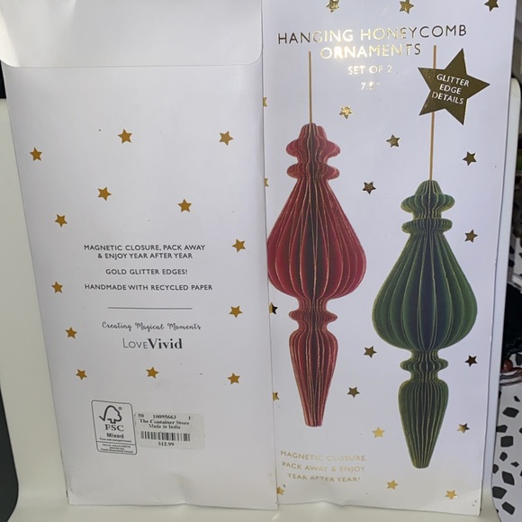 HANGING HONEYCOMB
ORNAMENTS Set of 2, MAGNETIC CLOSURE GOLD GLITTER EDGES, NIP - Picture 3 of 4